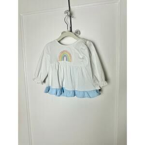 Stitchy Fish 12 MOS White Bow Rainbow Embroidered Ruffle Tunic Top Long Sleeve